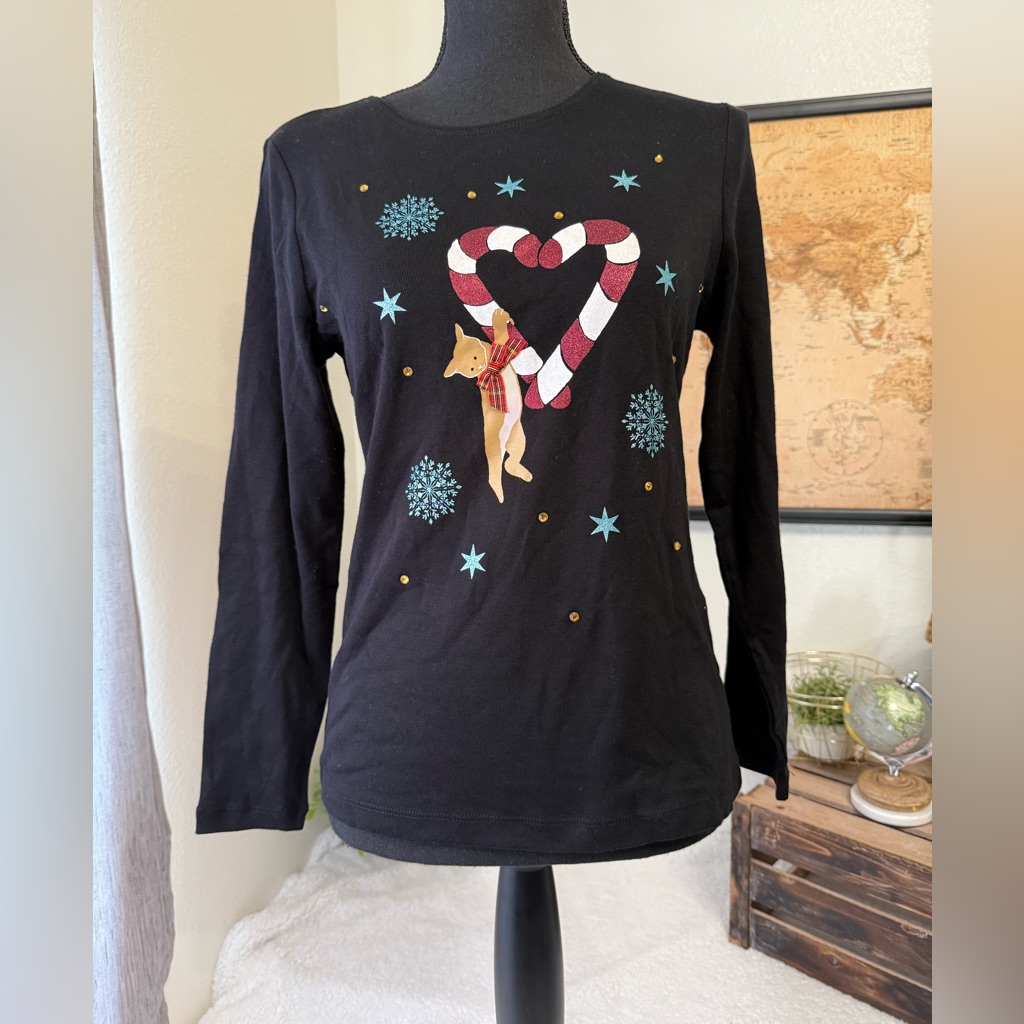 Karen Scott Black Tee Christmas Cat Pm